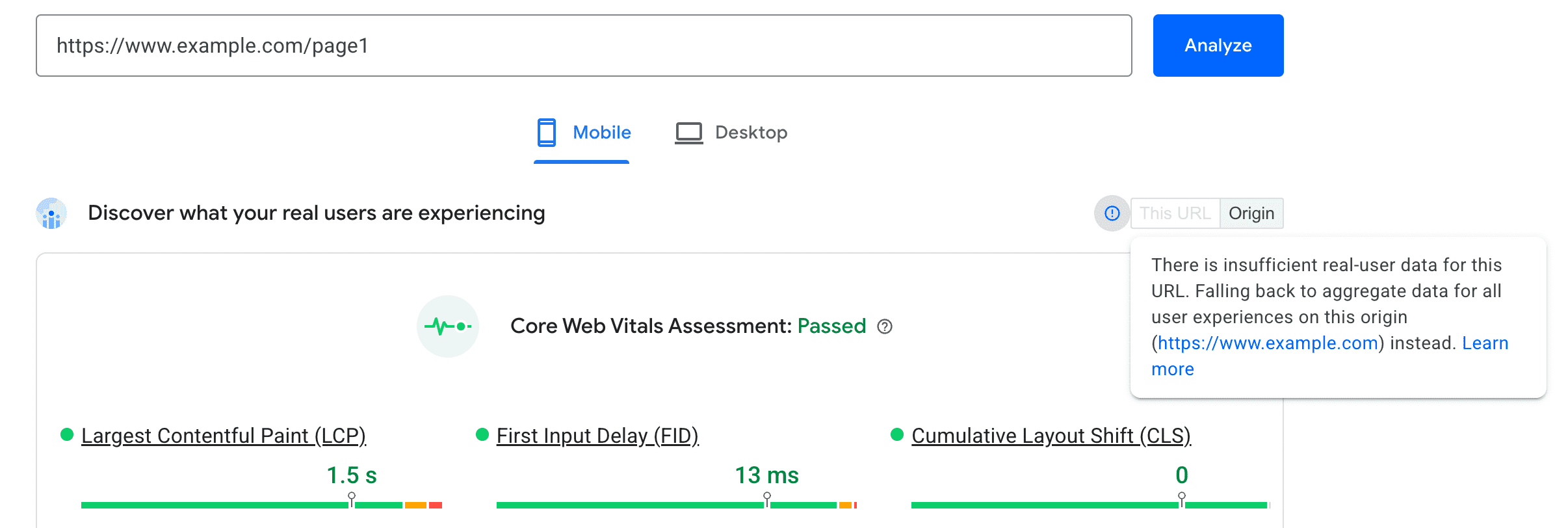 PageSpeed Insights에 URL 수준 CrUX 데이터가 없어 원본 데이터가 표시됨