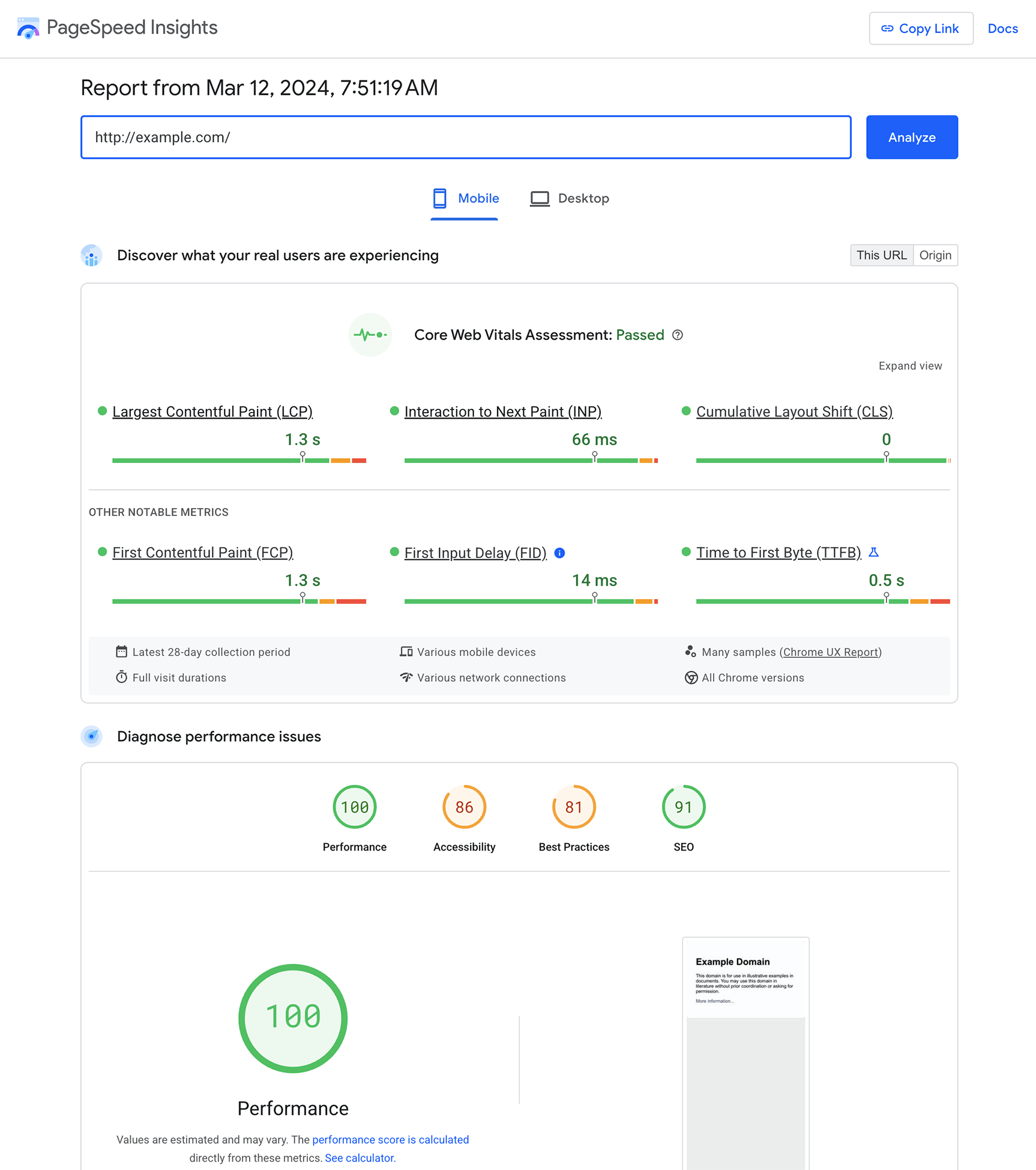 نمای گسترده داده‌های CrUX در PageSpeed ​​Insights