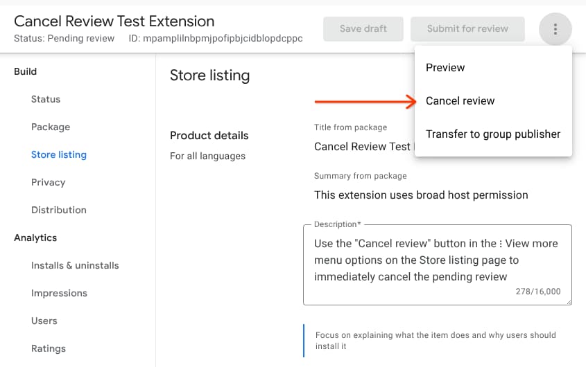 Screenshot dell&#39;opzione del menu della dashboard dello sviluppatore per attivare l&#39;annullamento della revisione.