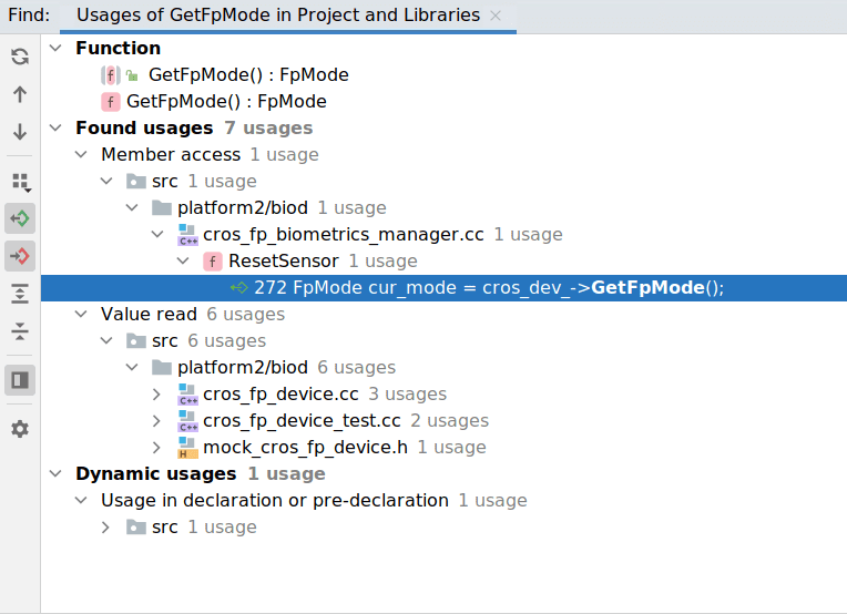 איתור השימוש ב-GetFpMode בפרויקט ובספריות