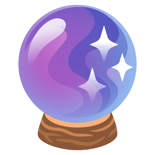 Emoji boule de cristal bleue et violette avec des étoiles réutilisées sur une base brune.