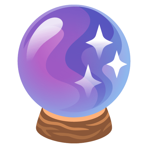 Emoji de bola de cristal azul y púrpura con estrellas reutilizadas sobre una base marrón.