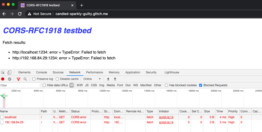 CORS-RFC1918 errors will also be reported as CORS error errors in the Network panel.