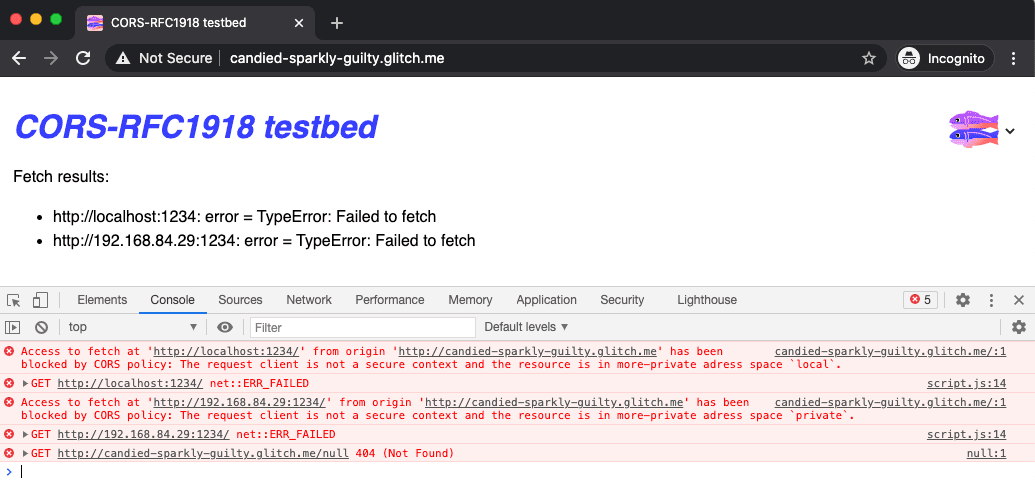 Error CORS-RFC1918 akan dilaporkan sebagai error kebijakan CORS di konsol.