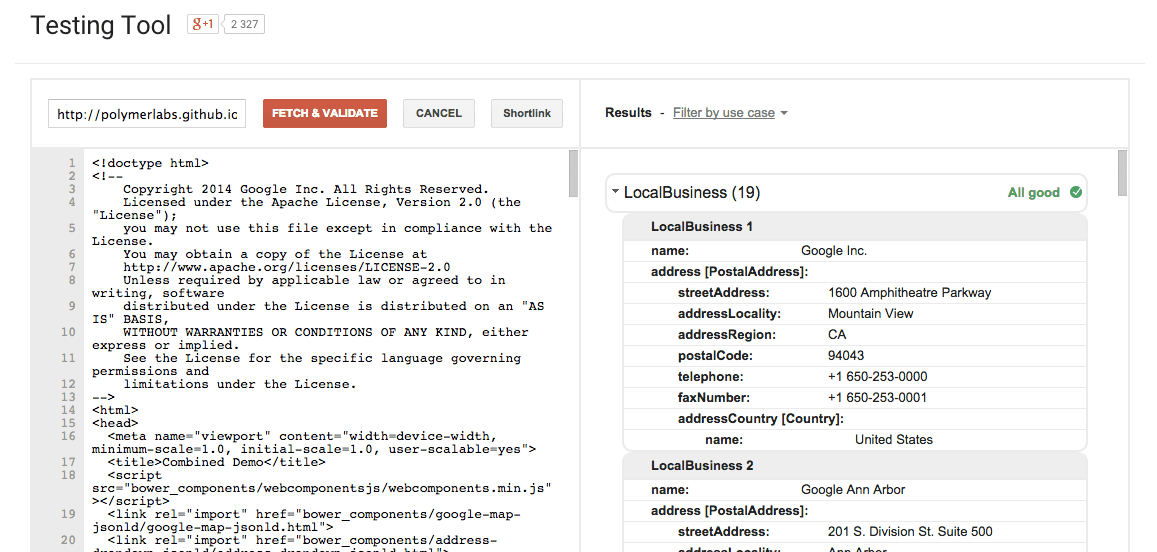 Structured data testing tool UI.