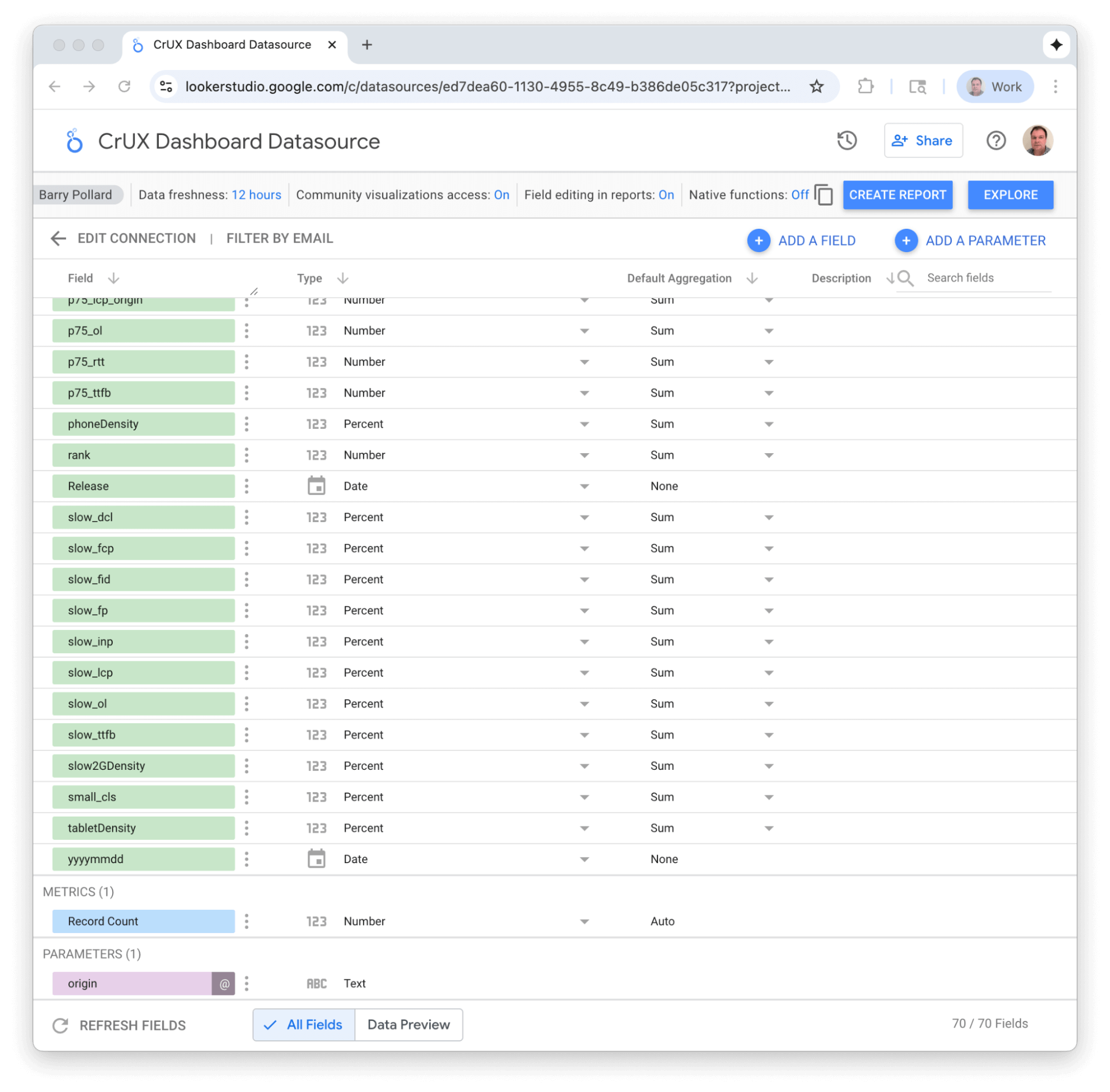 Schermata di configurazione dei campi dell&#39;origine dati che consente di impostare i tipi di dati per ogni campo.