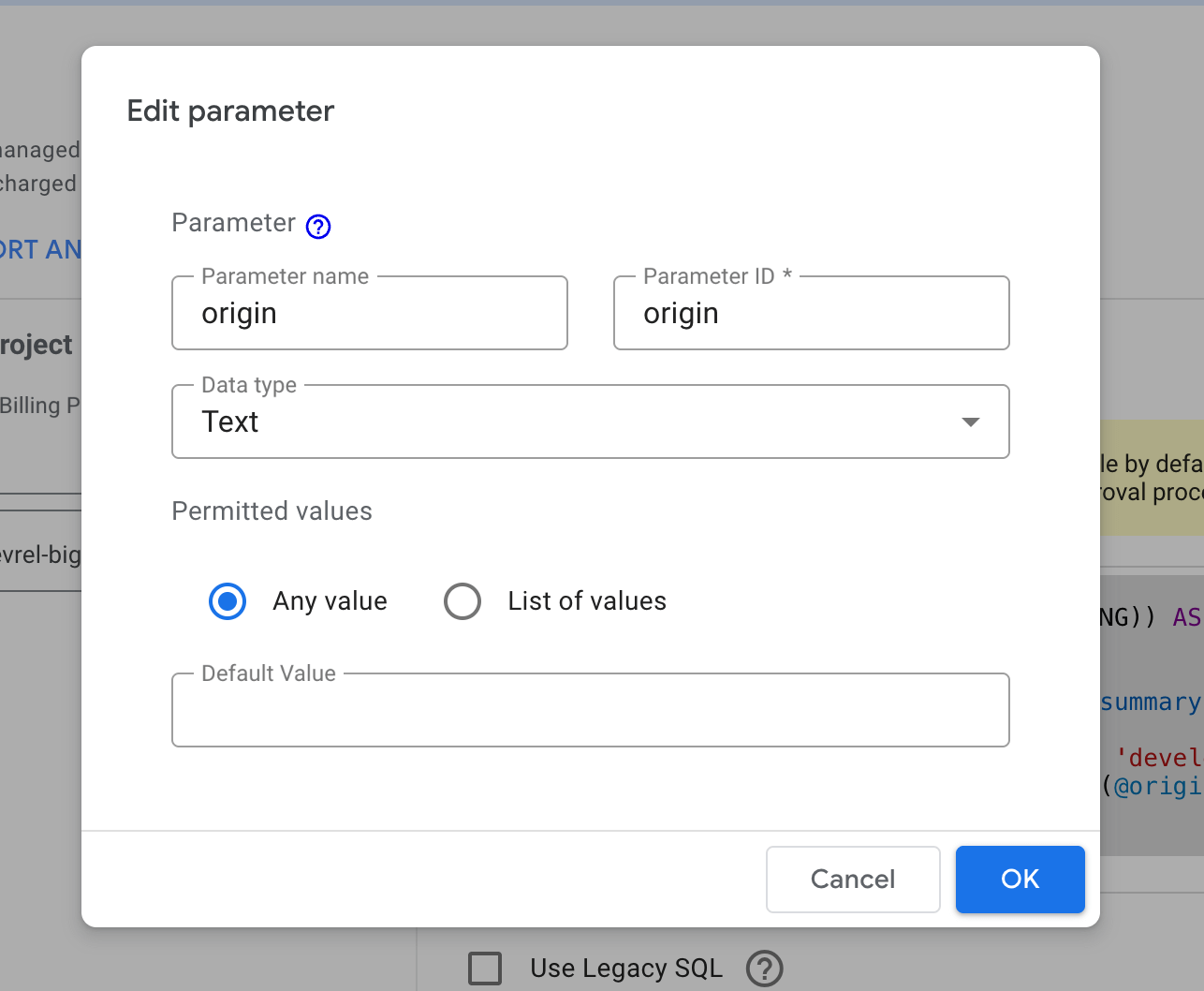 模型對話方塊，可供您設定參數名稱、ID、資料類型和允許的值。
