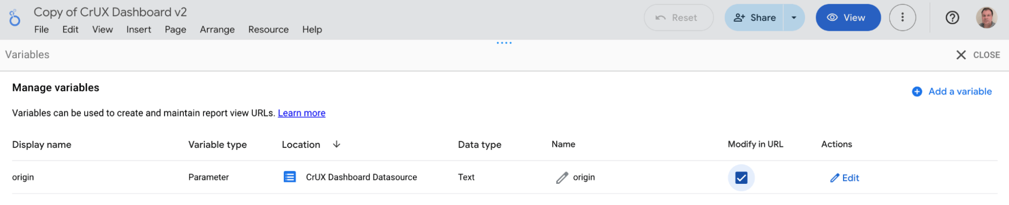 מסך ניהול המשתנים עם סימון האפשרות &#39;שינוי בכתובת ה-URL&#39;.