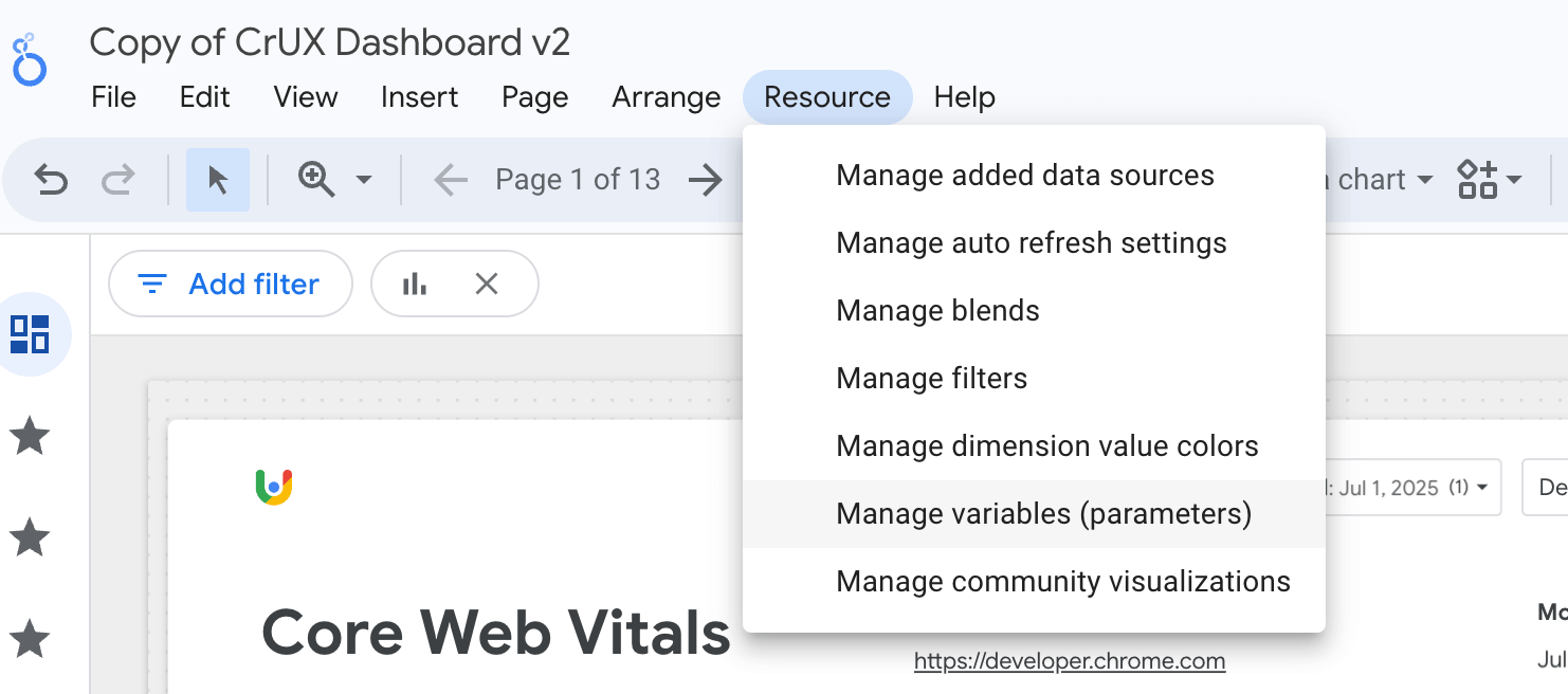 תפריט Resources (מקורות מידע) עם האפשרות Manage variables (parameters) (ניהול משתנים (פרמטרים)) מודגשת.
