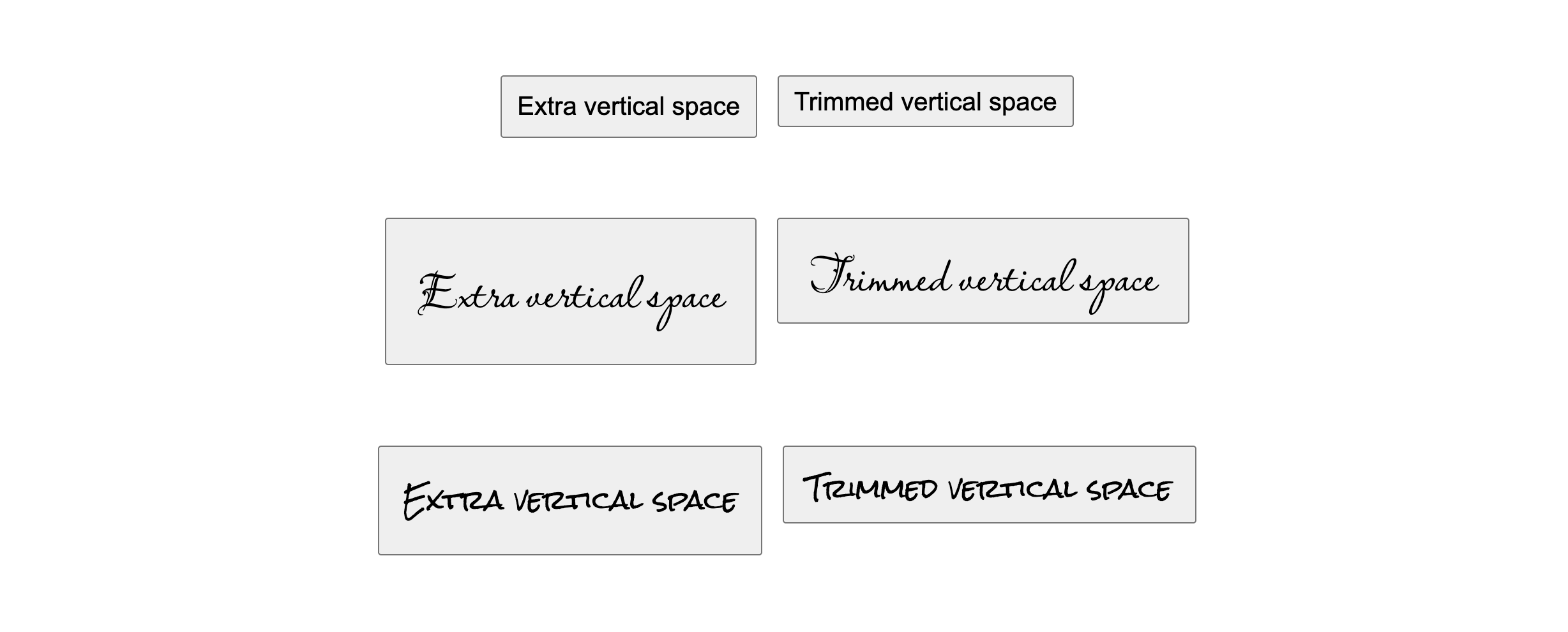 Three groups of buttons are shown. The first group shows a regular sans serif font. The second group shows a fancy or fun font. The third group shows the same effect but with a hand writing font. The point is to show each font has different half leading space, but the trim values are the same and can normalize the space.