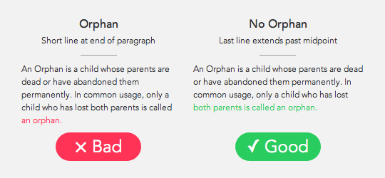 Ein Vergleich eines Absatzes mit Waisenkindern und einem Absatz ohne Waisenkinder, jeweils mit dem Logo „Schlecht“ oder „Gut“.