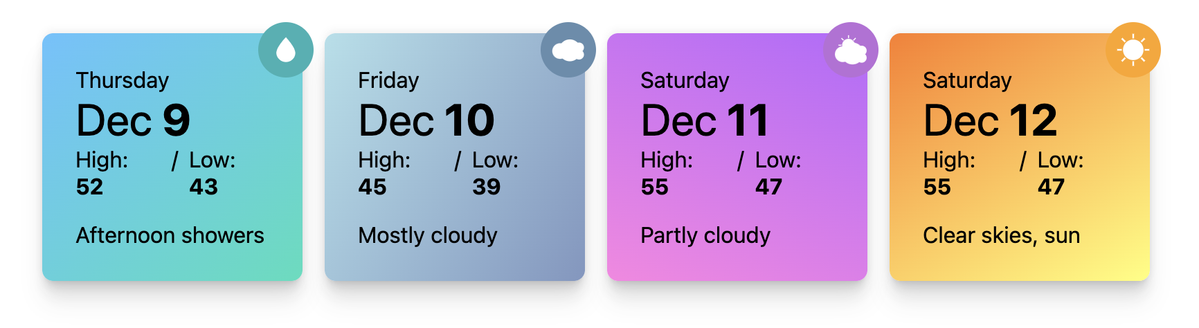 Capture d&#39;écran de démonstration pour les requêtes de style de conteneur de cartes météo