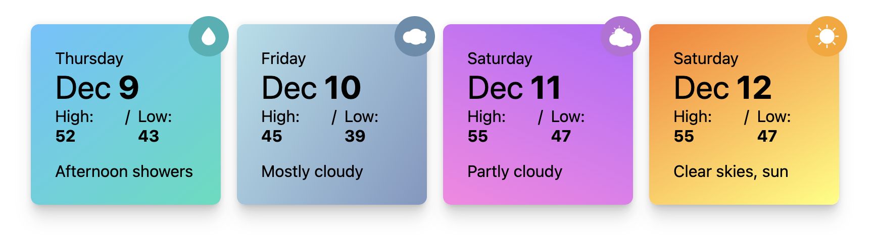 Stil kapsayıcı sorguları hava durumu kartlarının demo ekran görüntüsü