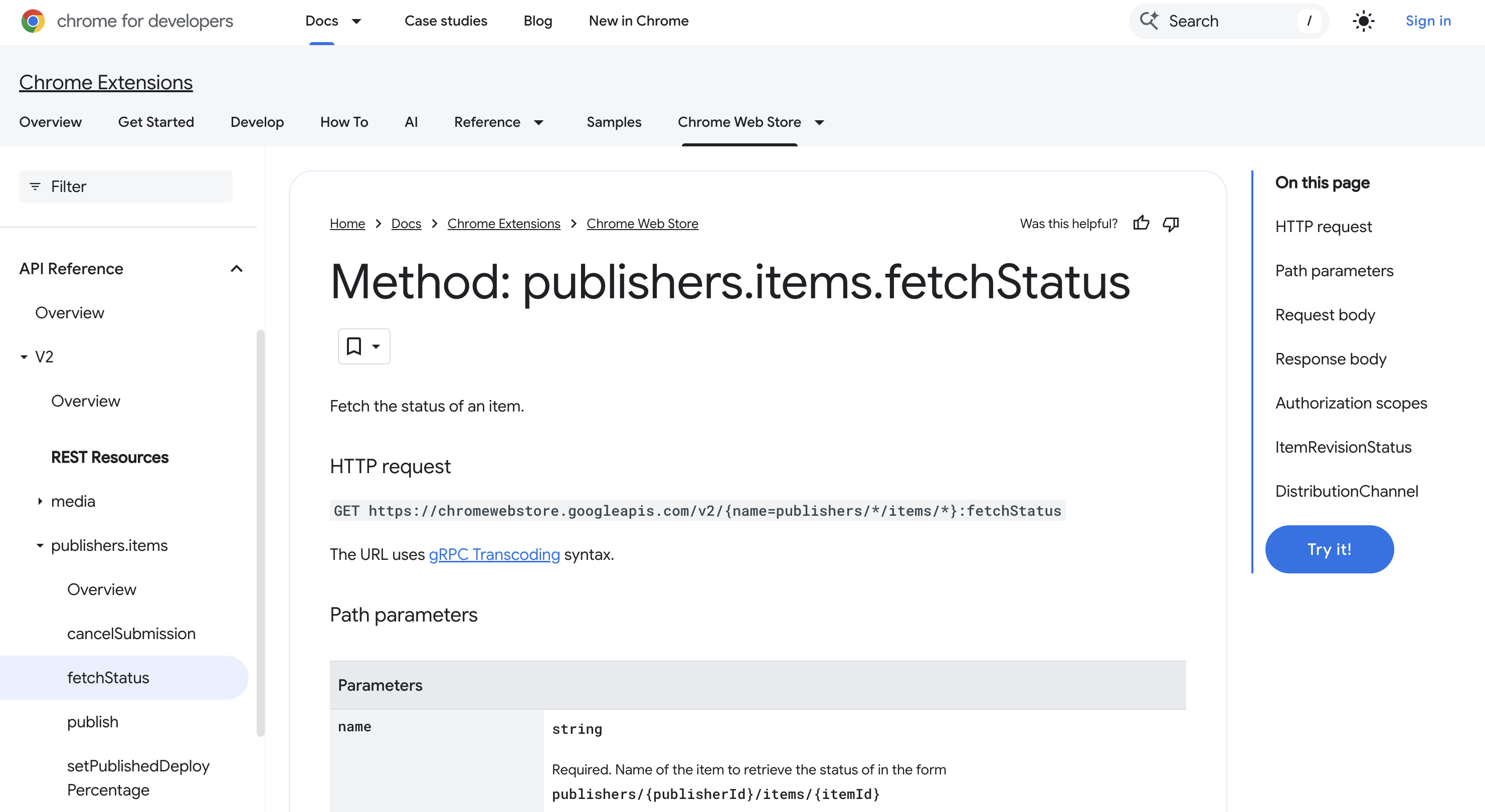 Chrome Web Store API के लिए एपीआई का रेफ़रंस.