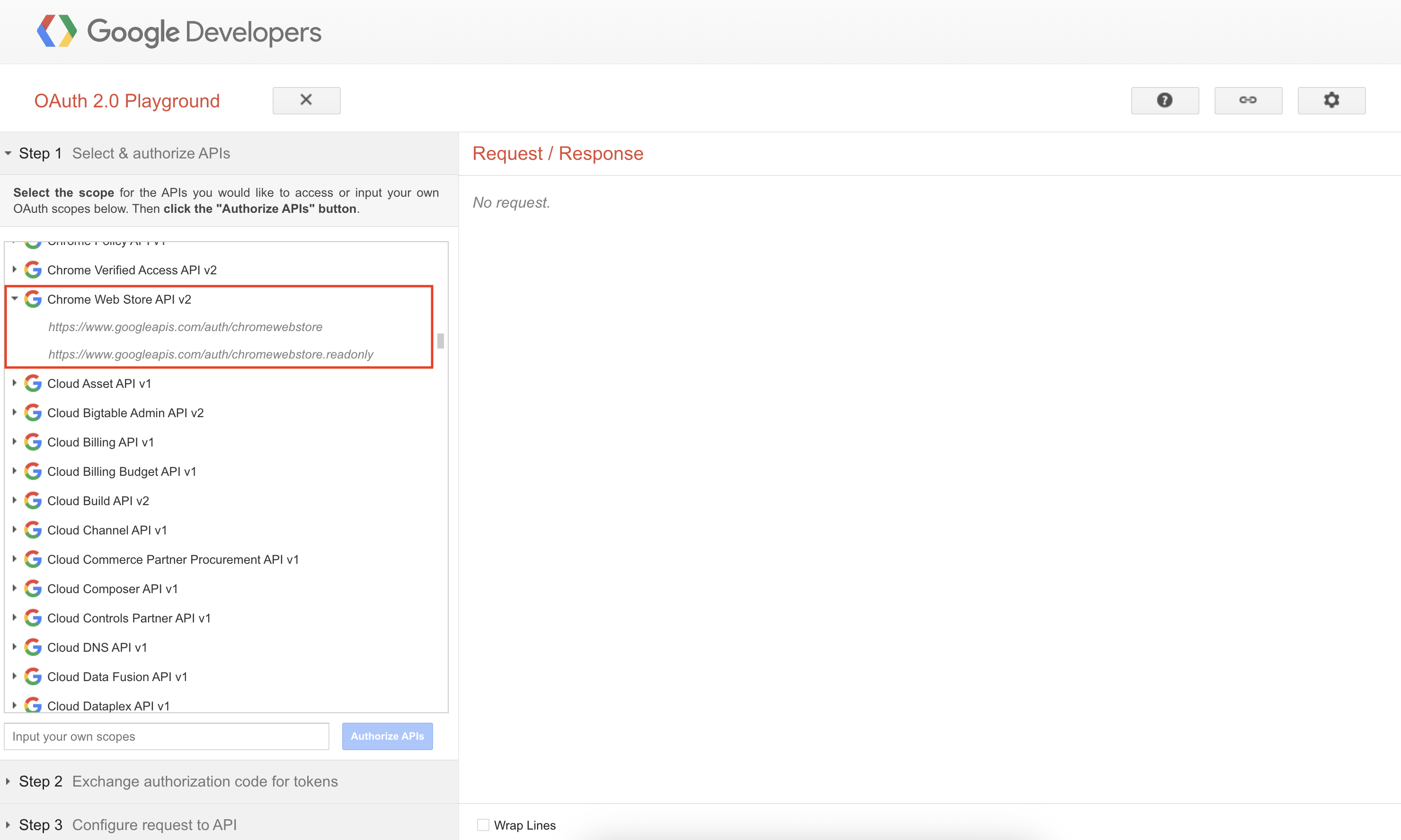 OAuth 2.0 Playground 中突出显示的 Chrome 应用商店范围。