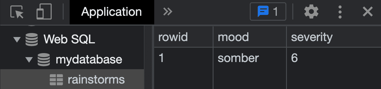 A inspeção da seção Web SQL no Chrome DevTools mostra um banco de dados chamado &quot;mydatabase&quot; com uma tabela chamada &quot;rainstorms&quot; com as colunas &quot;mood&quot; (textual) e &quot;severity&quot; (número inteiro) que tem uma entrada com um humor sombrio e uma gravidade de seis.