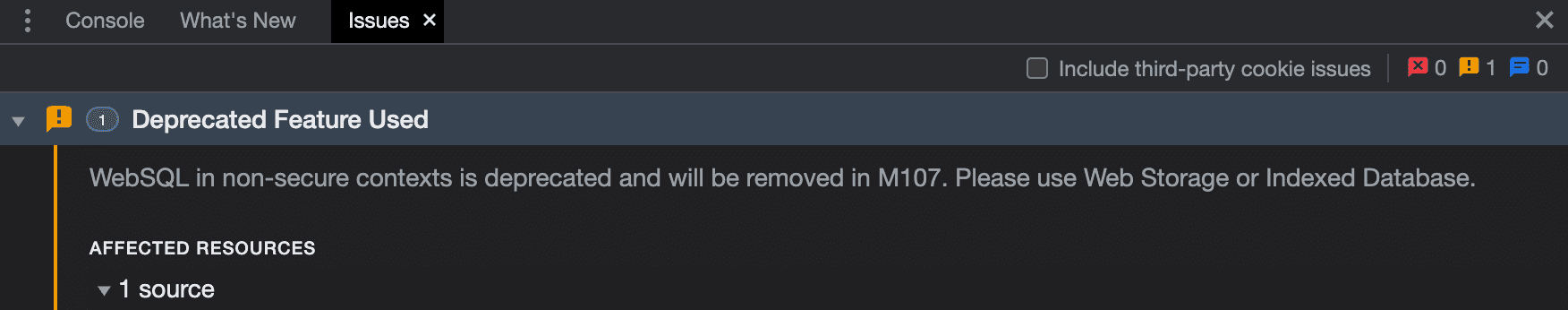 Chrome DevTools Issues panel with a warning that reads Web SQL in non-secure contexts is deprecated and will be removed in M107. Please use Web Storage or Indexed Database.