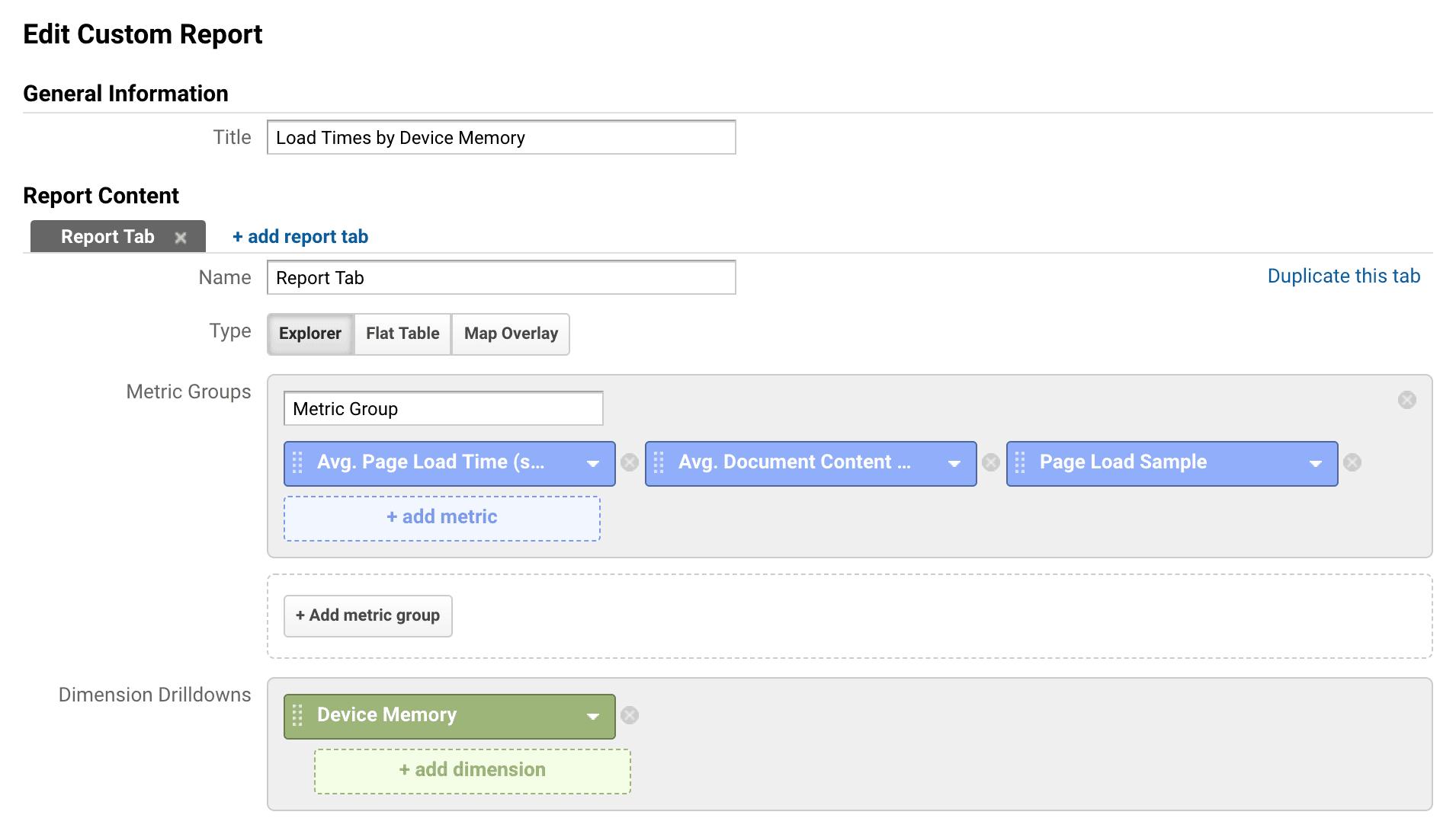 Creazione di un report personalizzato sulla memoria del dispositivo in Google Analytics