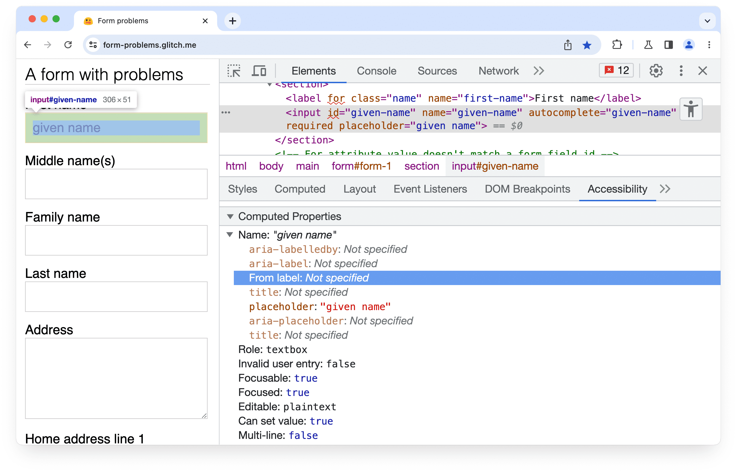 Der Bereich „Barrierefreiheit“ in den Chrome-Entwicklertools, in dem zu sehen ist, dass für ein Eingabeelement in einem Formular kein übereinstimmendes Label oder aria-labelledby-Attribut gefunden wurde.