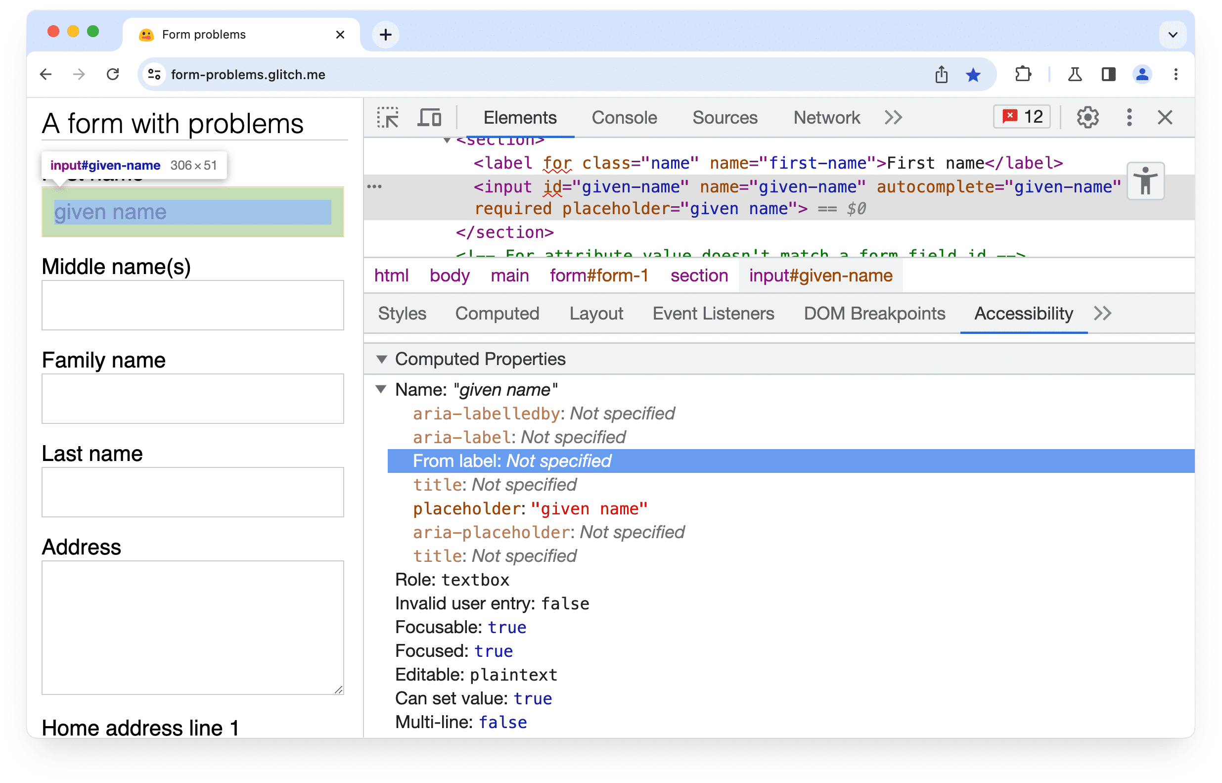 Chrome DevTools の [ユーザー補助] パネル。フォームの入力要素に一致するラベルまたは aria-labelledby 属性が見つからなかった。