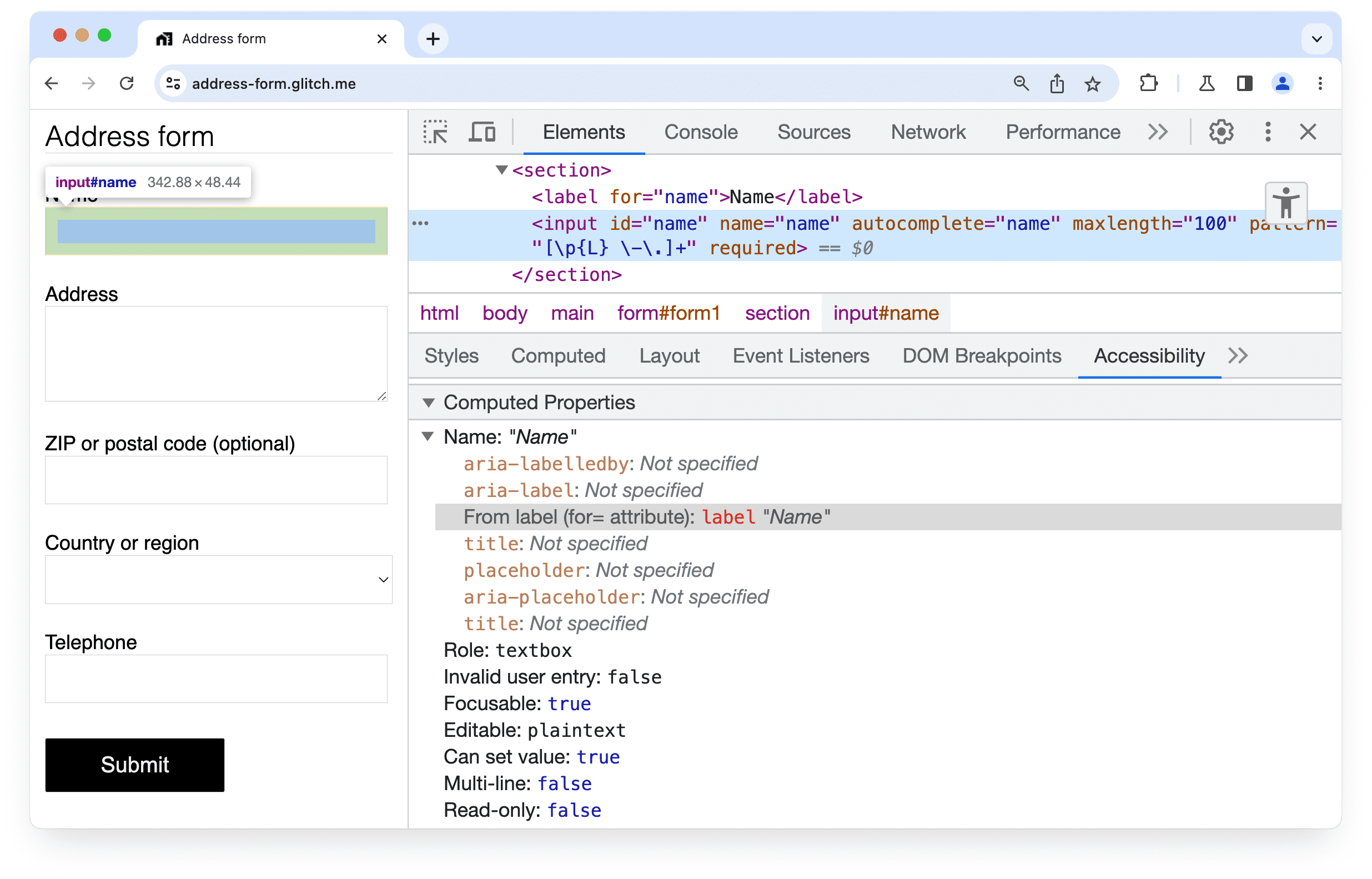 Formdaki bir giriş öğesi için etiket bulunduğunu gösteren Chrome DevTools Erişilebilirlik paneli.