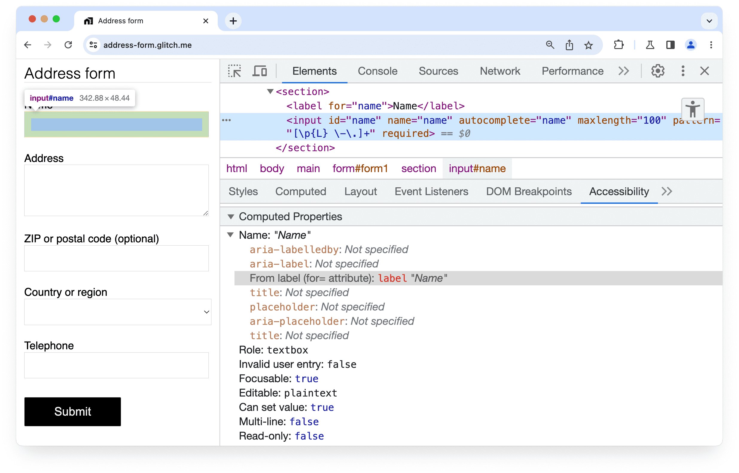 แผงการช่วยเหลือพิเศษใน Chrome DevTools
ที่แสดงให้เห็นว่าพบป้ายกำกับสำหรับองค์ประกอบอินพุตในแบบฟอร์ม