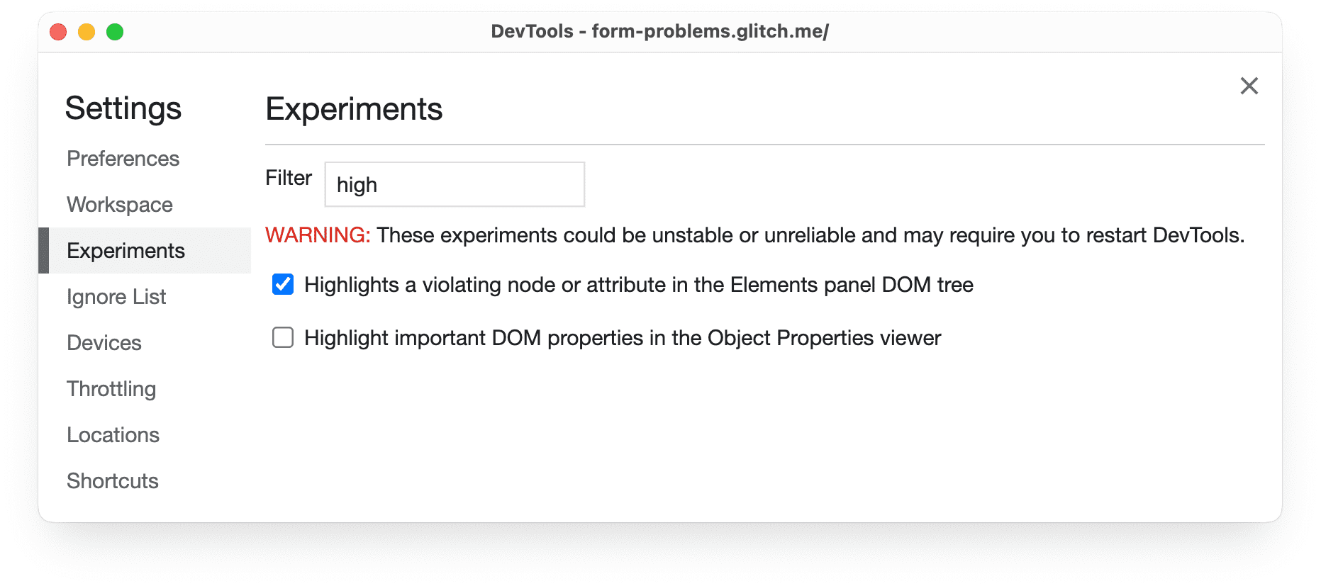 Página de configurações do Chrome DevTools, mostrando &quot;Highlights a violating node ...&quot;