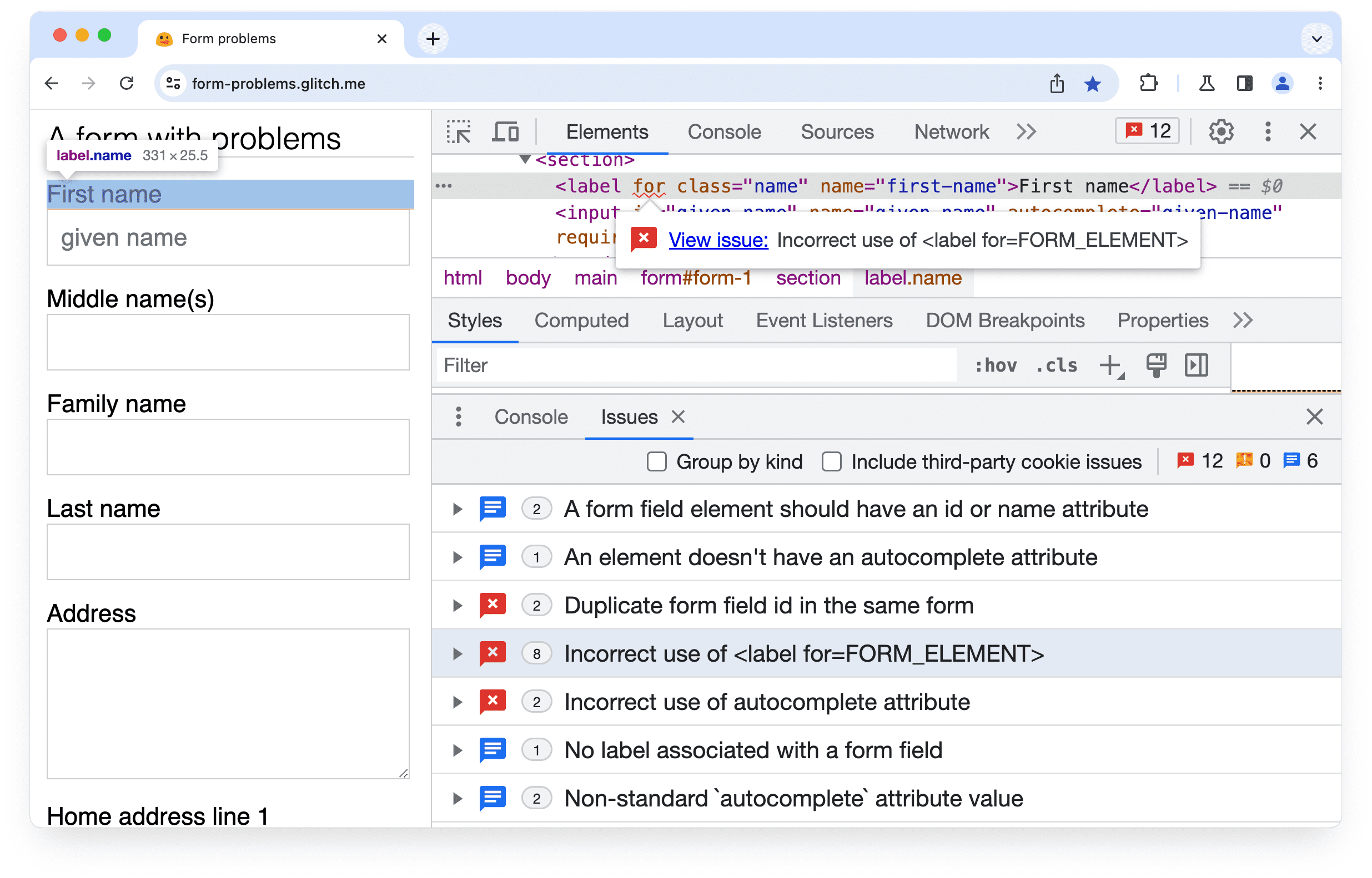 In den Chrome-Entwicklertools wird ein Problem mit dem Attribut „for“ eines Formularelements angezeigt.