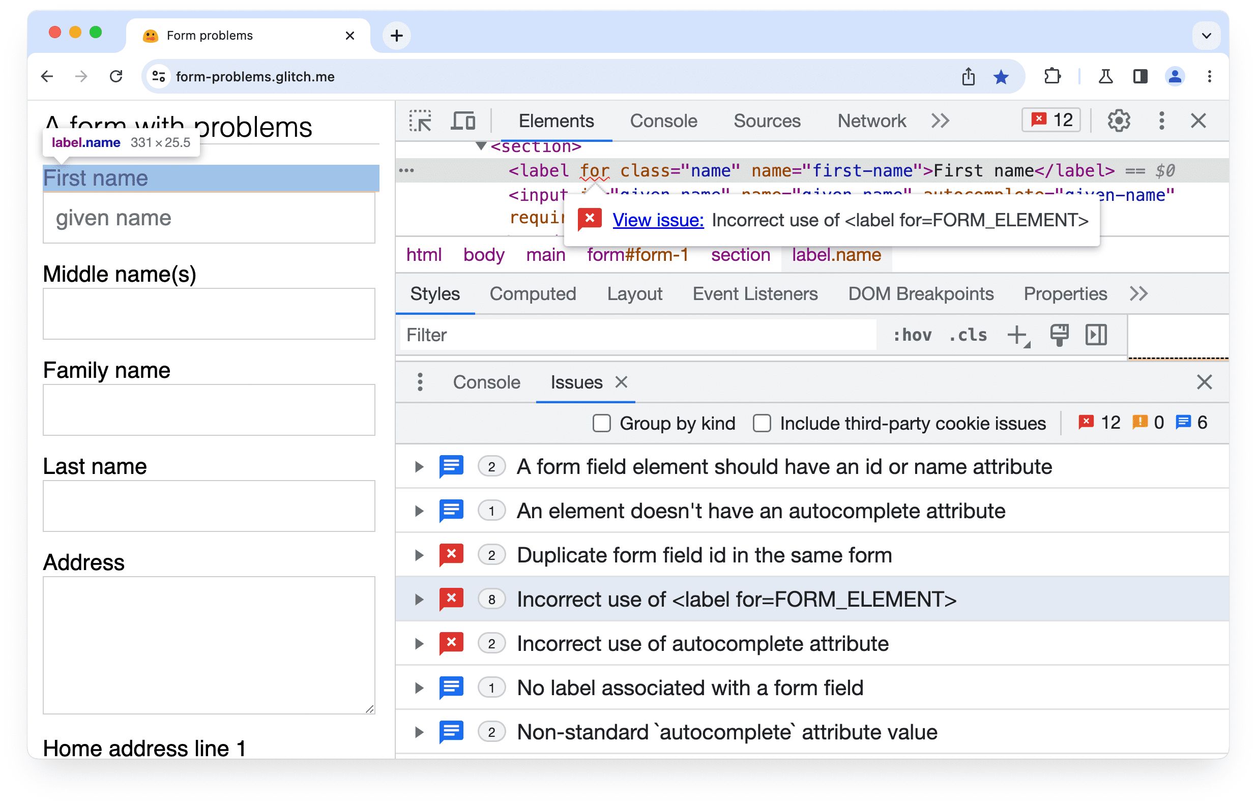 เครื่องมือสำหรับนักพัฒนาเว็บใน Chrome
ที่แสดงปัญหาเกี่ยวกับแอตทริบิวต์ for ขององค์ประกอบแบบฟอร์ม