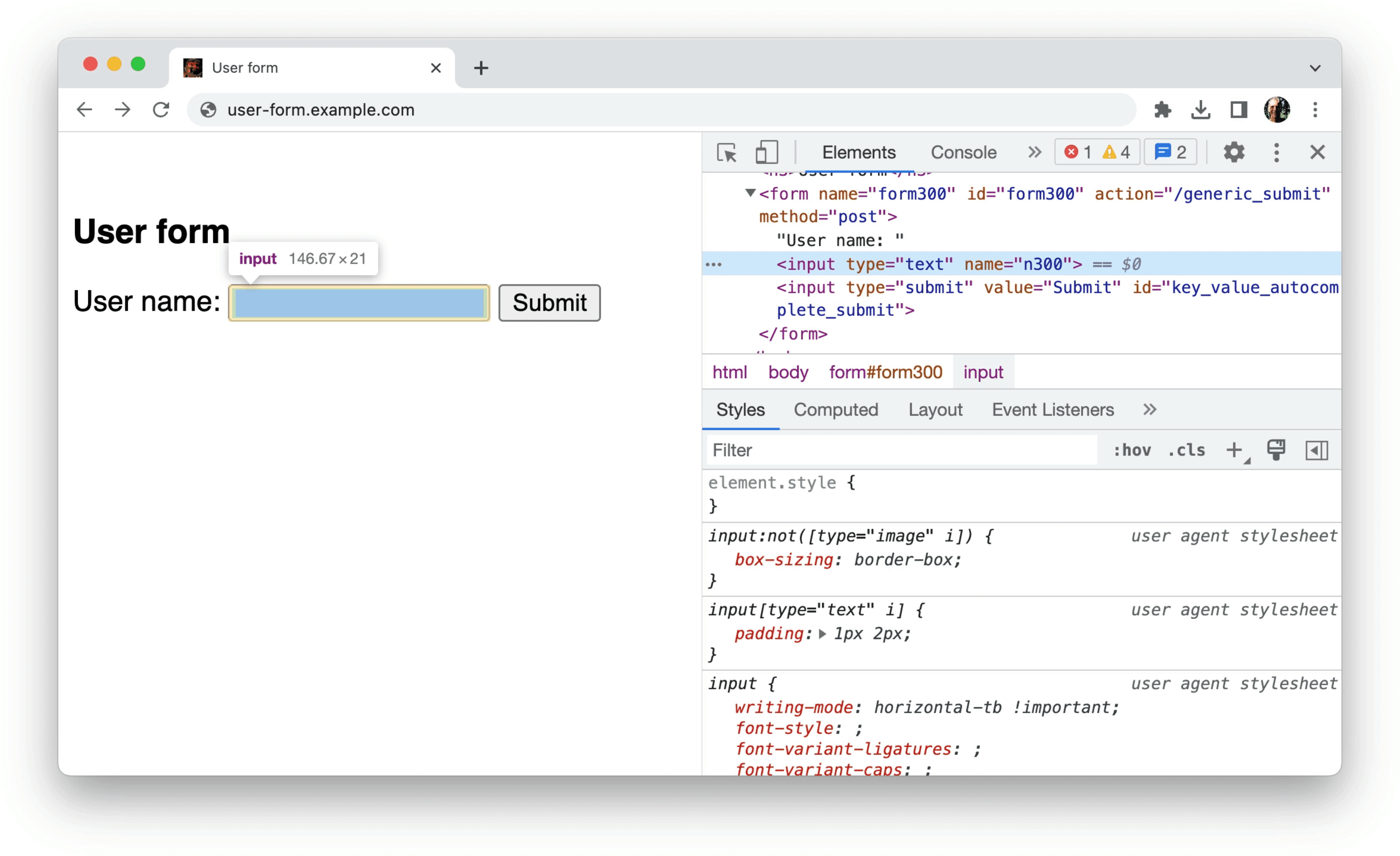 Chrome DevTools mit Informationen zu den unstrukturierten Daten in einem Formular, wie im vorherigen Beispiel: eine einzelne Eingabe mit den Attributen „type=text“ und „name=n300“.