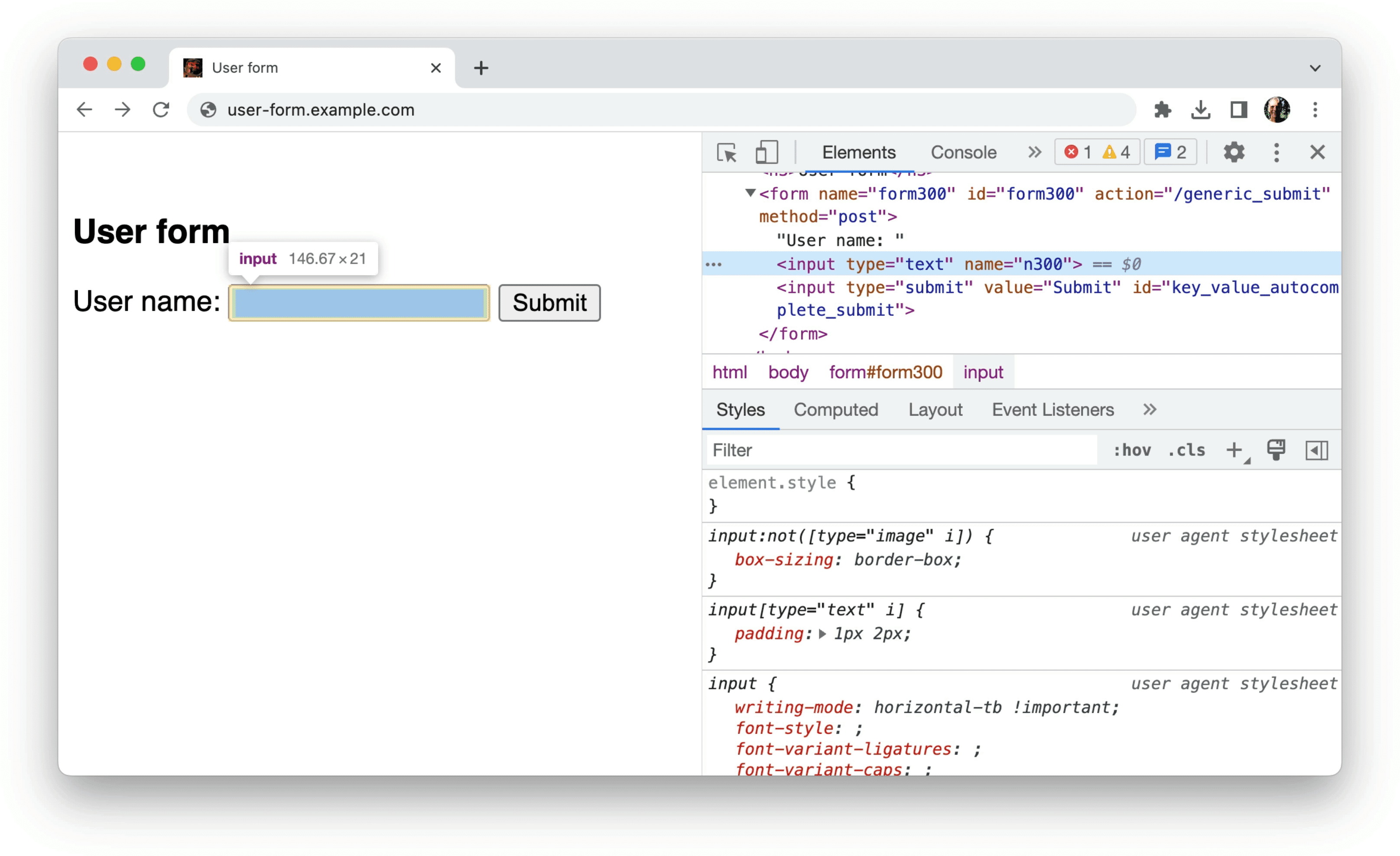 In den Chrome-Entwicklertools werden Informationen zu den unstrukturierten Daten in einem Formular angezeigt, wie im vorherigen Beispiel gezeigt: eine einzelne Eingabe, die nur die Attribute „type=text“ und „name=n300“ enthält.