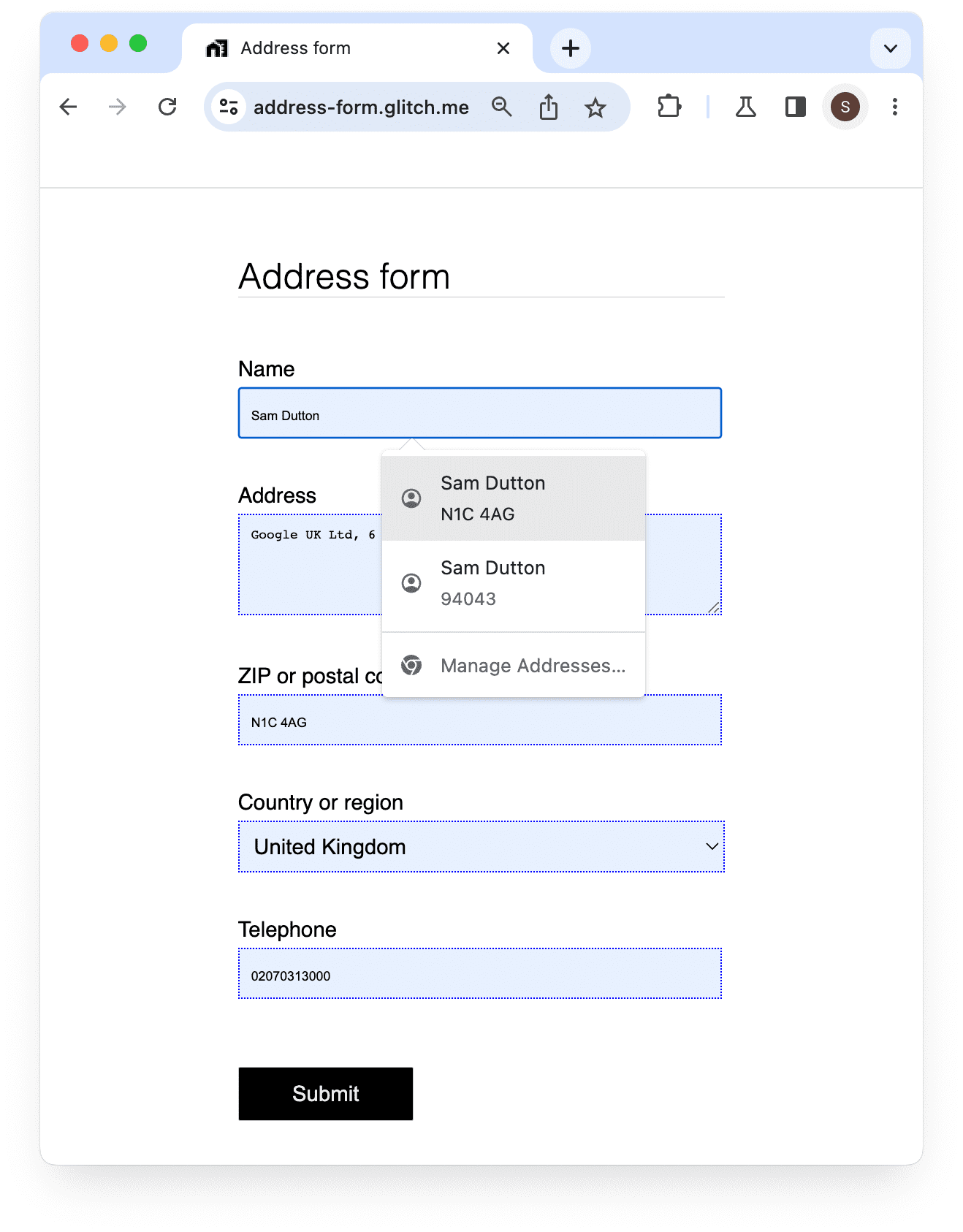 Chrome bietet das automatische Ausfüllen eines Adressformulars auf dem Computer an