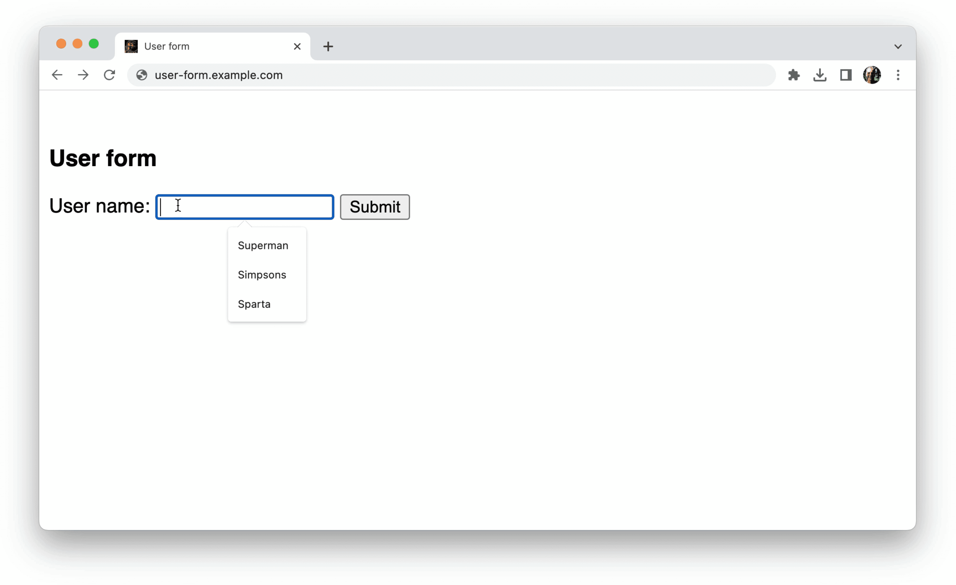 Chrome, tek bir form alanında yapılandırılmamış veriler için öneriler sunar