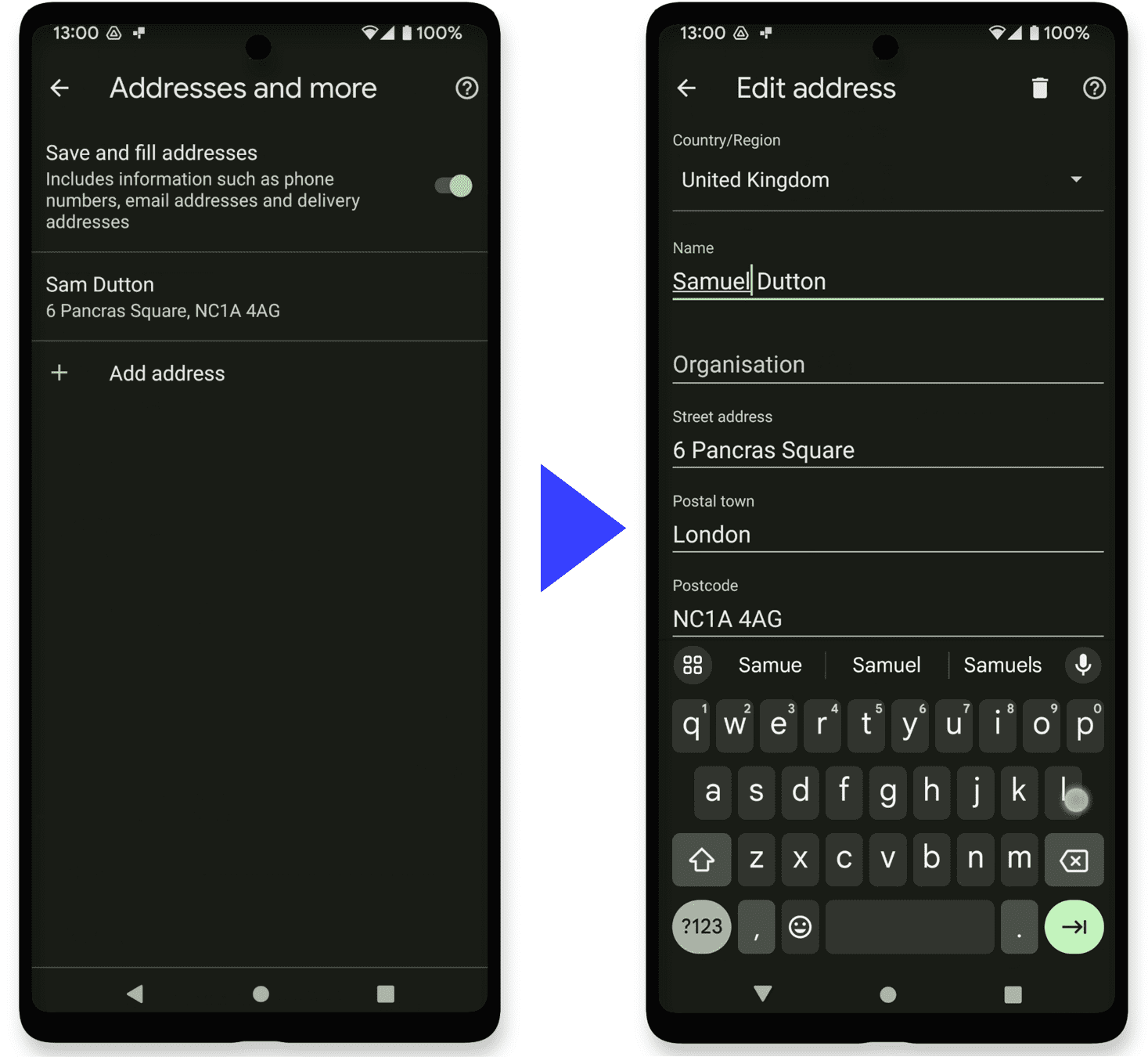 Chrome settings on
Android: editing an address