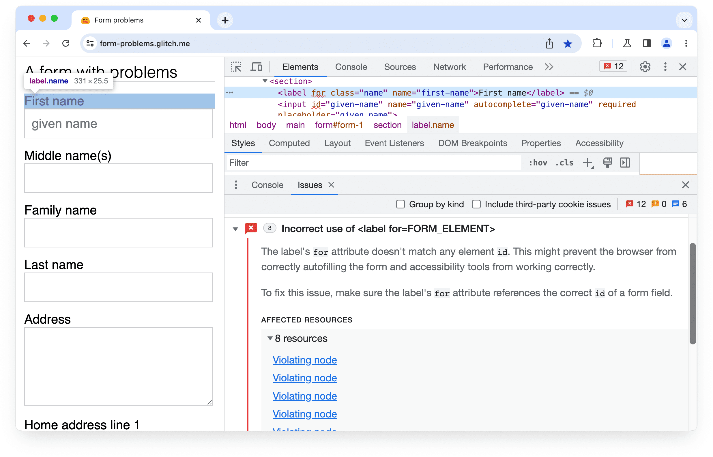 موضوع گسترش یافته در Chrome DevTools: استفاده نادرست از برچسب برای ویژگی.