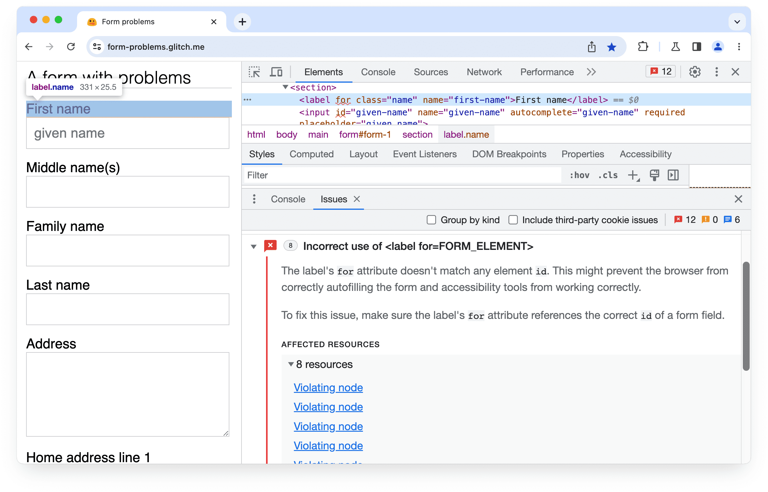 Problema expandido no
Chrome DevTools: uso incorreto do rótulo para o atributo.