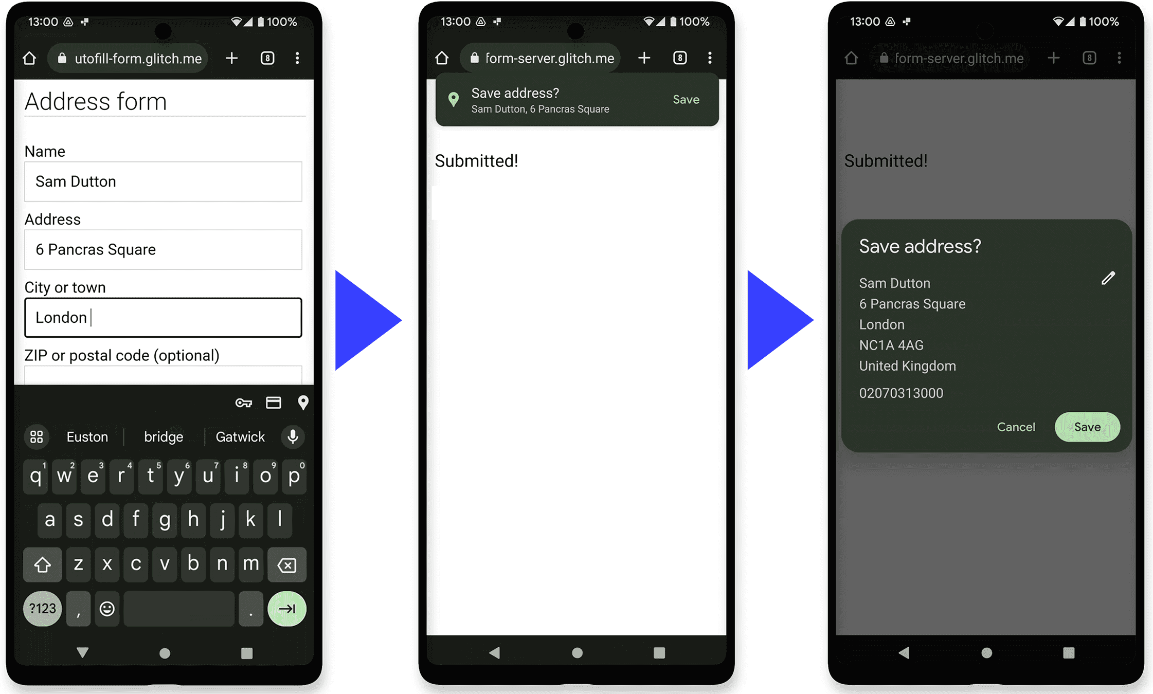 Drei Android-Screenshots: ein Adressformular in Chrome, Chrome Autofill bietet an, die Adresse zu speichern, und dann wird ein Dialogfeld zum Bearbeiten des neuen Autofill-Eintrags angezeigt.