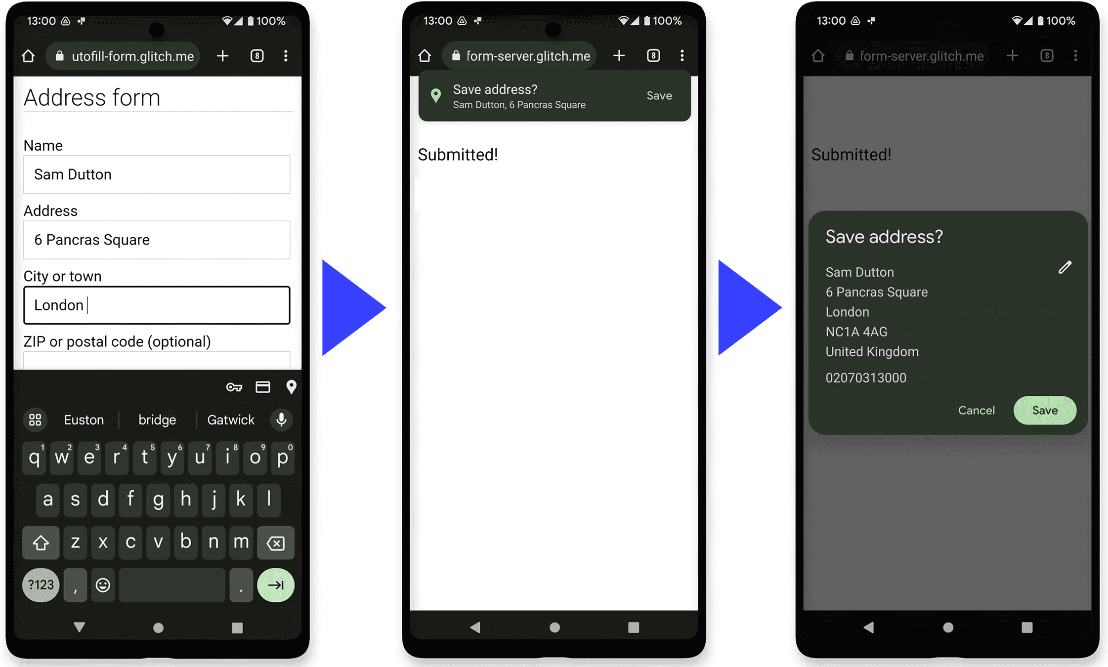 Android 스크린샷 세 개: Chrome의 주소 양식, 주소를 저장할 수 있는 Chrome 자동 완성, 새 자동 완성 항목을 수정하기 위한 대화상자를 보여주는 Chrome 자동 완성