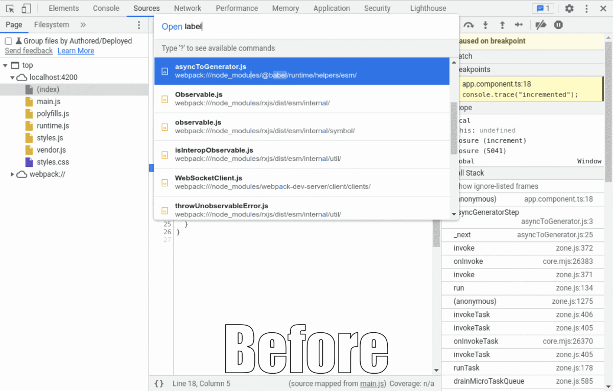 Анимированный GIF-файл, показывающий DevTools до и после. Обратите внимание, как на изображении ниже DevTools отображает авторский код в дереве, больше не предлагает никаких файлов платформы в меню «Быстрое открытие» и показывает гораздо более чистую трассировку стека справа.