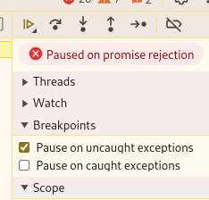 Chrome DevTools provides separate options for pausing on caught or uncaught exceptions