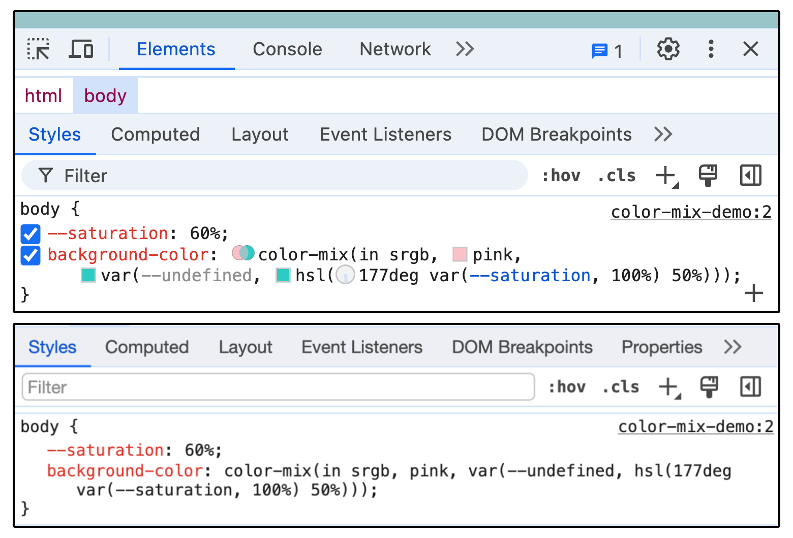 Üstte: En son Chrome sürümü, Altta: Chrome 121.