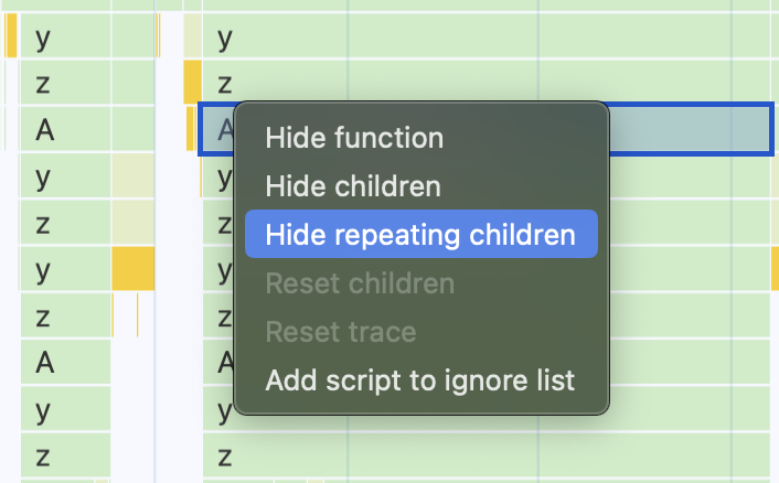 Visualization of the flame chart context menu UI