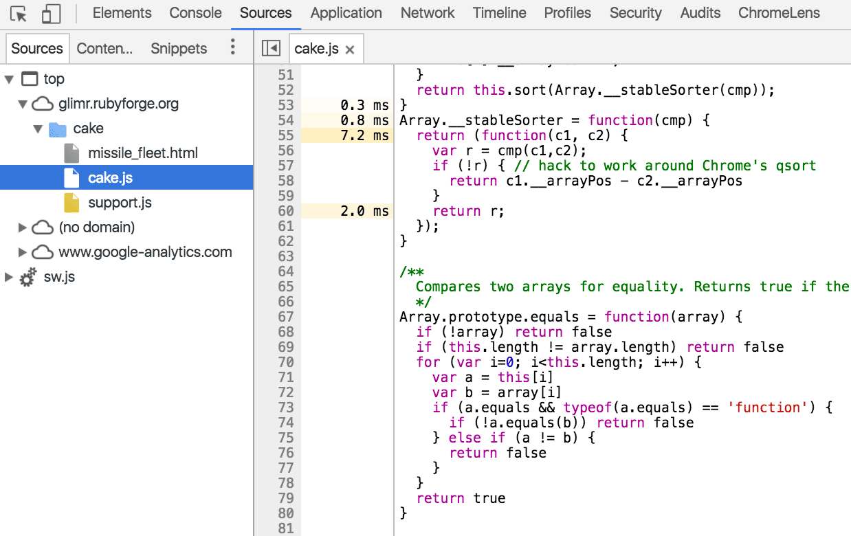 Function execution times in sources panel.