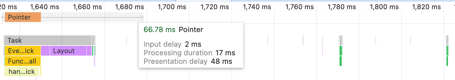 The profile of a click interaction on a desktop machine, shown in the Performance panel, taking 67 milliseconds