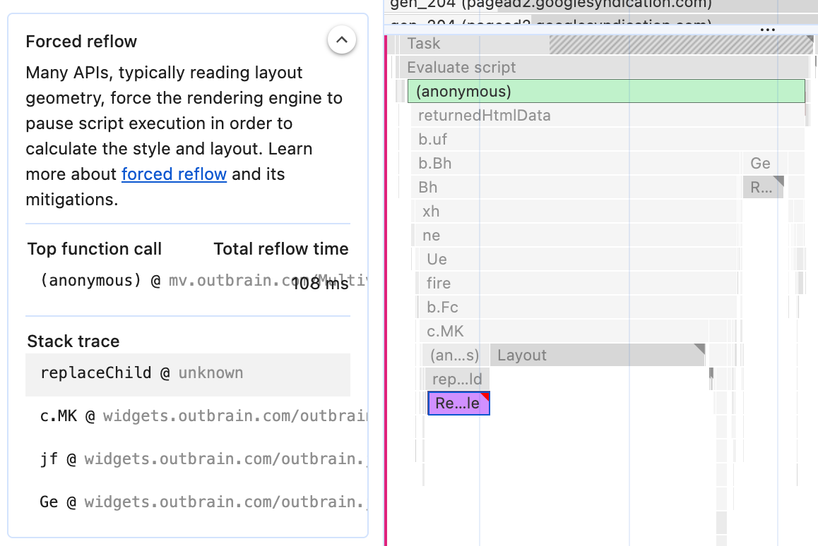 The Forced reflow insight, showing the call stack that lead to the forced reflow, and the layout trace event highlighted in the performance timeline
