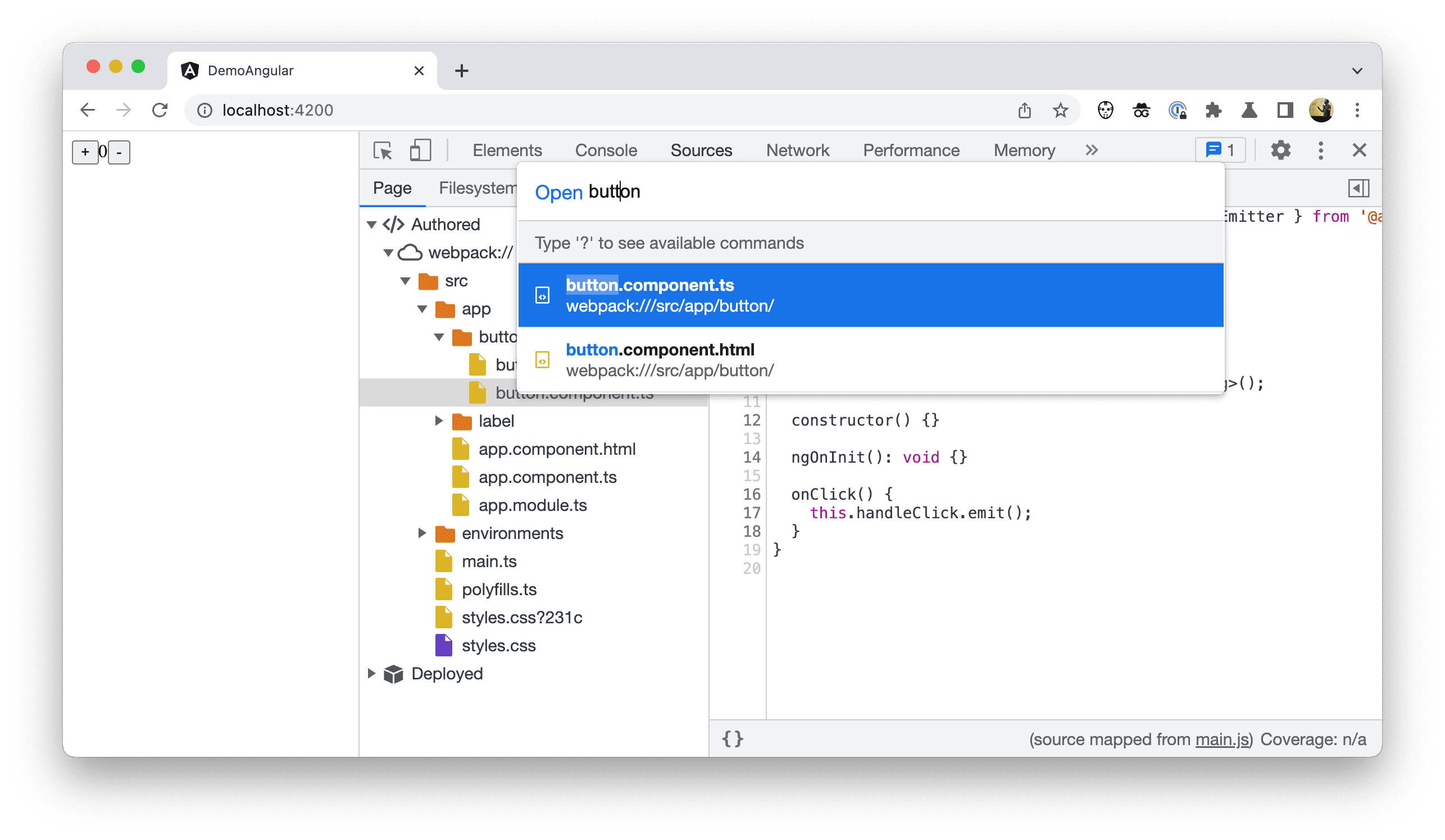 Capture d'écran de DevTools avec le menu "Ouvrir rapidement".