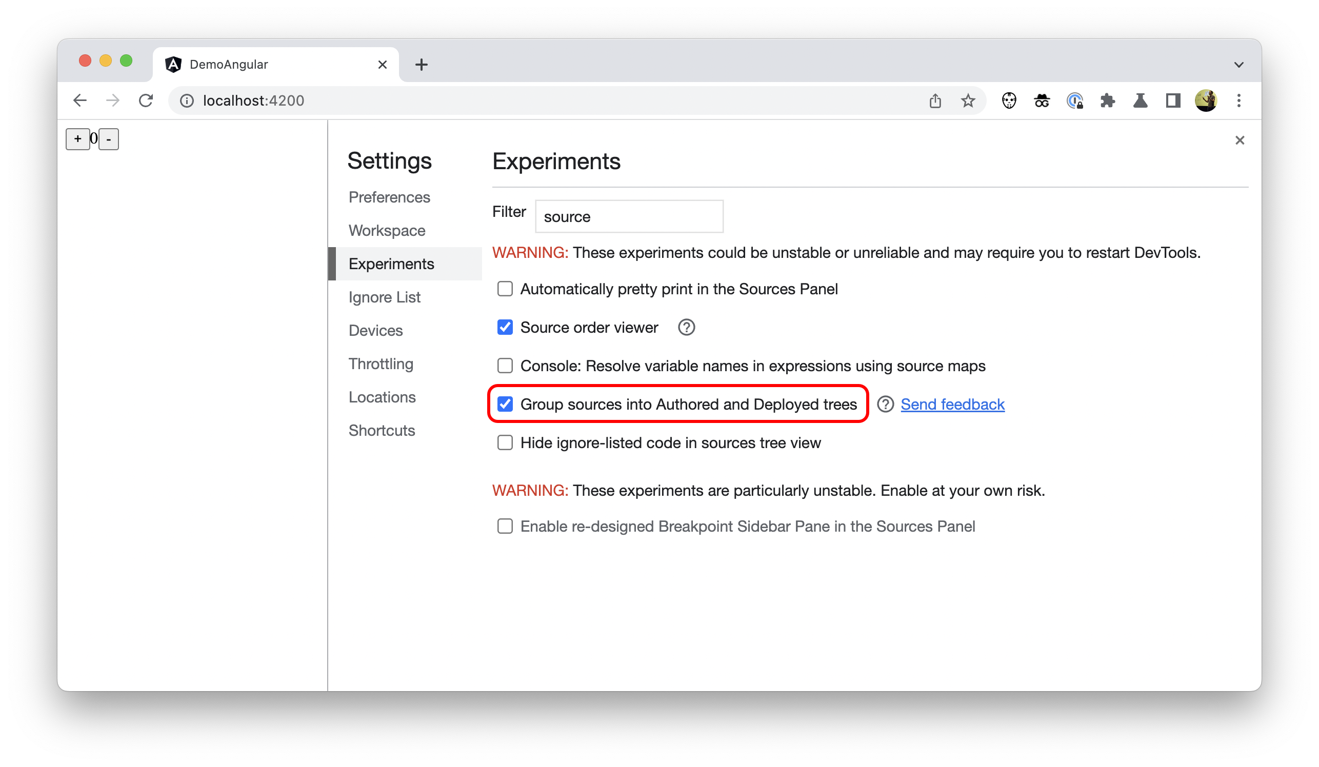 DevTools 的“Settings”的屏幕截图。