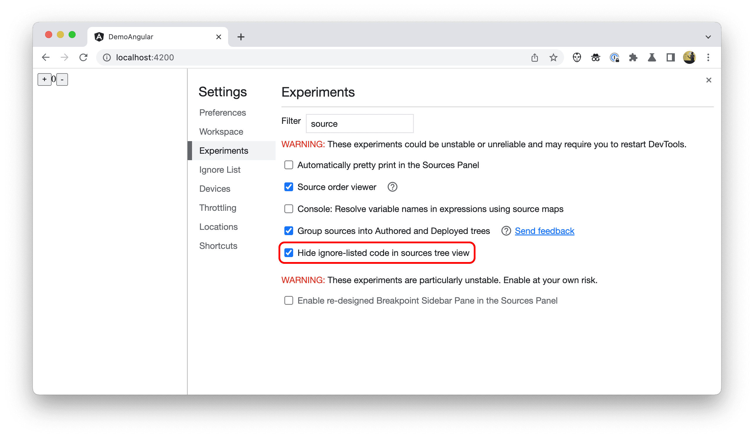 Capture d&#39;écran des paramètres des outils de développement.