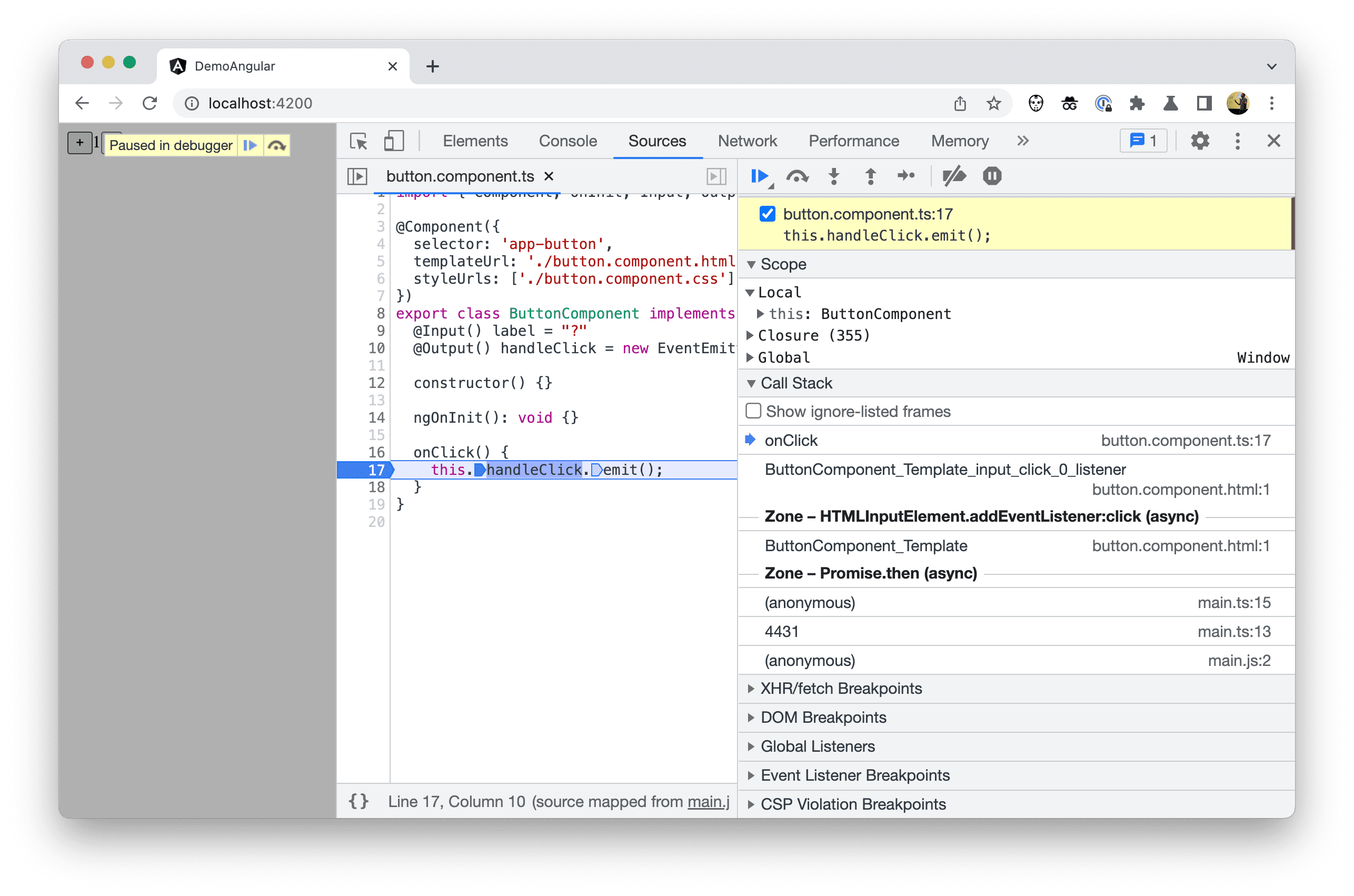 Screenshot del debugger delle sorgenti di DevTools durante il debug.