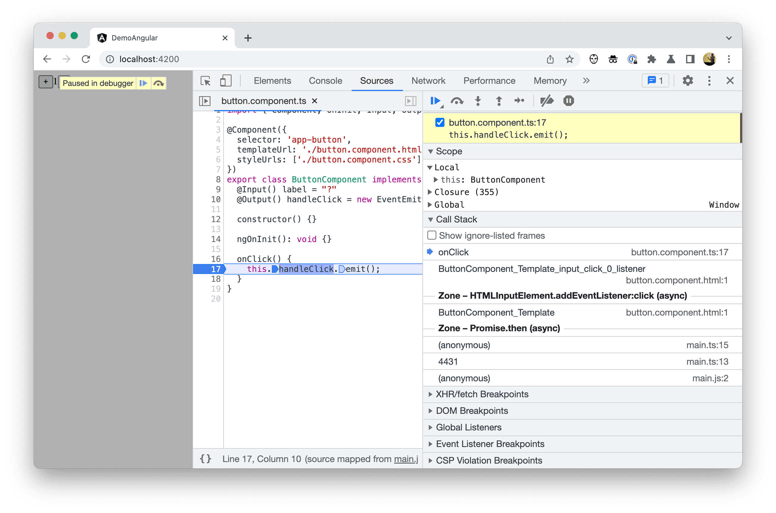 Screenshot del debugger origini DevTools durante il debug.